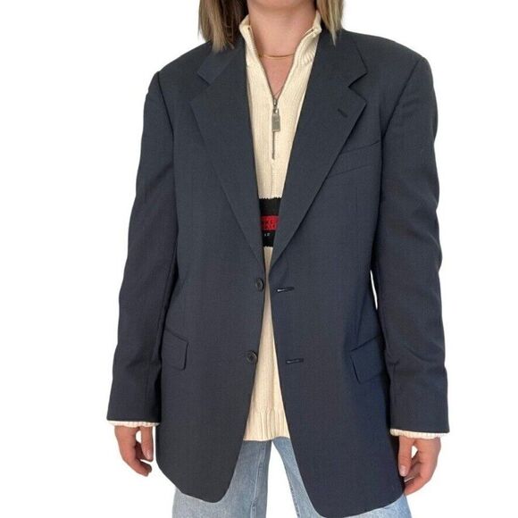 Vintage Valentino Navy Blue Wool Oversized Preppy Blazer Dark Academia Sz 40R - Picture 2 of 11